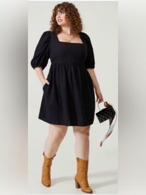 ARULA Black Square-Neck Puff-Sleeve Mini Dress